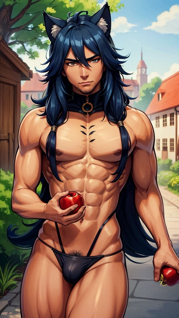 a handsome black man with a fit physique, long blue hair, feline ears, front view, in a village setting, eating an apple, 4k, high detail, best quality, masterpiece