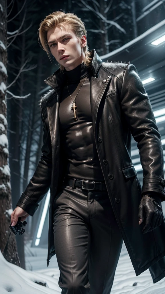 Closeup, slender attractive handsome man, muscular torso, with retrofuturistic style, short spiky wavy blond hair, dark eyes, dark gray overcoat, black pants with bronze details, futuristic laser gun with a snowy forest scene with a futuristic spaceship flying in the sky