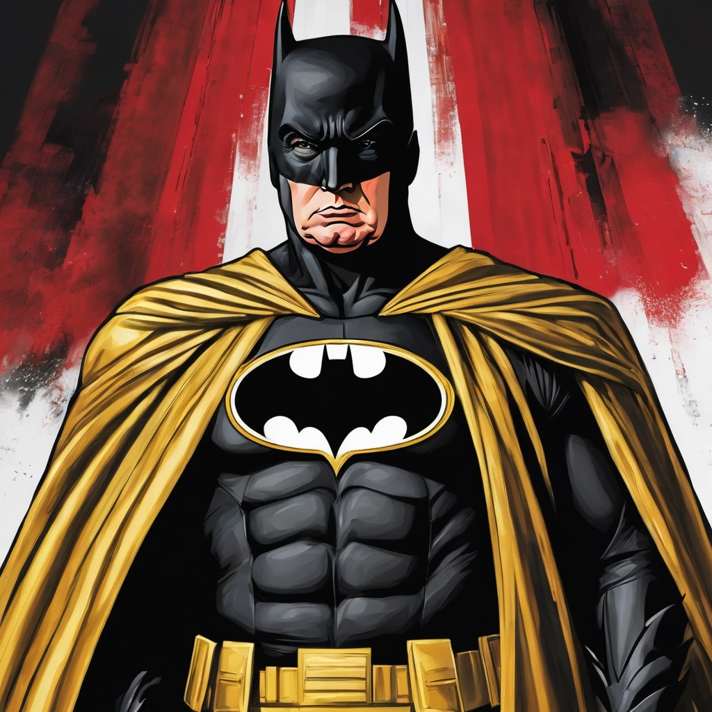 I want an art of Donald trump in black and gold with a red and gold background The image must focus on Donald trump batman costume without full body mask with walls or buildings in the background..