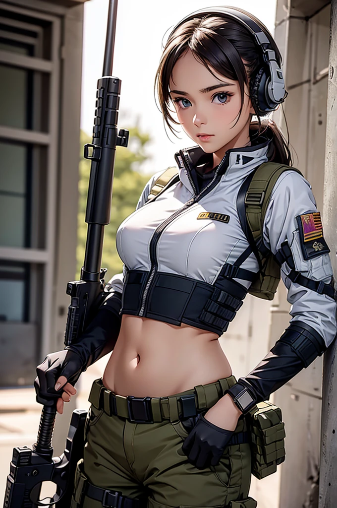 Woman in white holding a rifle and wearing headphones, 24 year old woman, young soldier, mechanized young soldier, Military Girl, beautiful female soldier, Female lead character, Military Girlราบ, Girl's sniper at war, solo female character, Future combat equipment, Half-body close-up, Woman wearing military bulletproof crop top, Show navel, Wear tactical equipment, Wear tactical armor., (realistic navel shape)