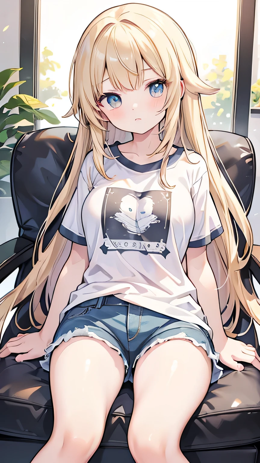 (masterpiece、Highest quality)、High resolution、Detailed face:1.2、anime(1.2)、Sharpness、4K、Private room、Sitting in an easy chair、17 years old、Two-dimensional beautiful girl、T-Shirts、Shorts、White skin、cute、Big Breasts、tits、barefoot、sole、Thick thighs、