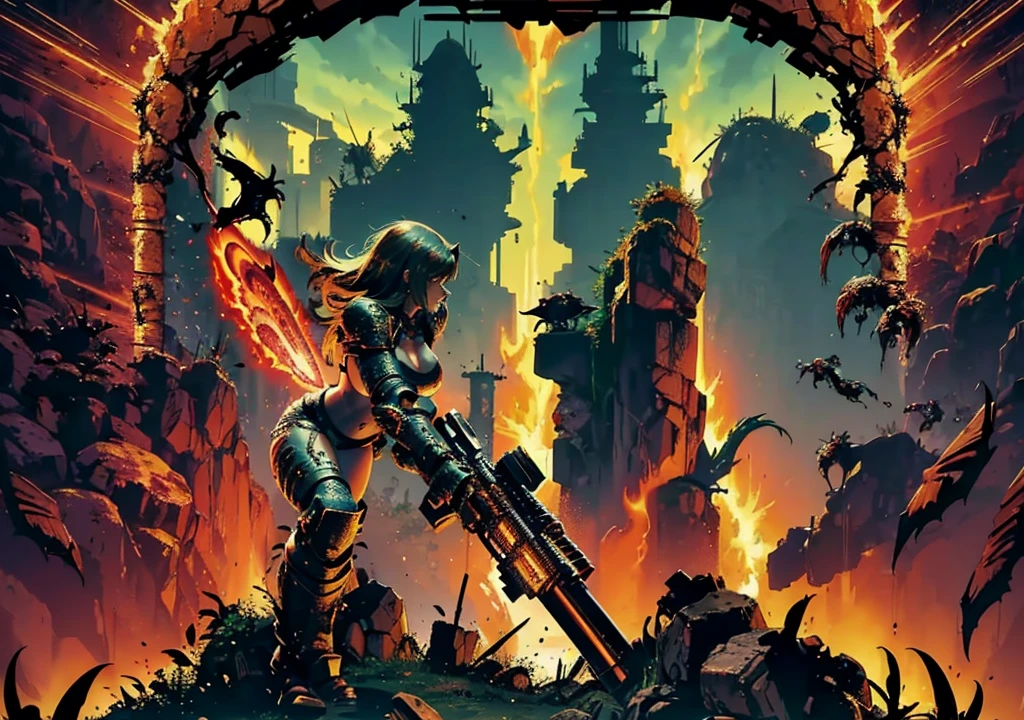 Warrior woman, 1girl, sexy, big breast, shooting monsters in hell, doom armor, no helmet, long hair, hell background, demons, sexy girl, showing armpits, fighting in hell with demons, full body. Wallpaper, big weapons, a lot of monsters attacking, inferno background, lava, creatures flying. Sexy angry woman (((shooting monsters))doom slayer environment.