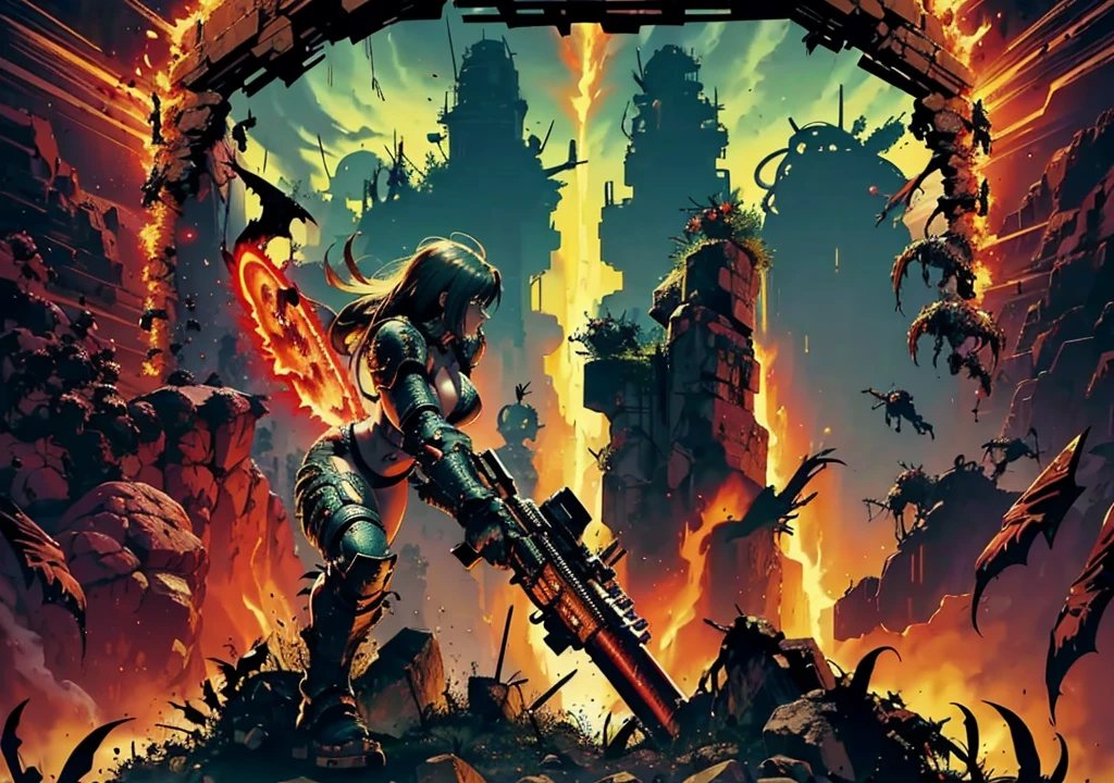 Warrior woman, 1girl, sexy, big breast, shooting monsters in hell, doom armor, no helmet, long hair, hell background, demons, sexy girl, showing armpits, fighting in hell with demons, full body. Wallpaper, big weapons, a lot of monsters attacking, inferno background, lava, creatures flying. Sexy angry woman (((shooting monsters))doom slayer environment.