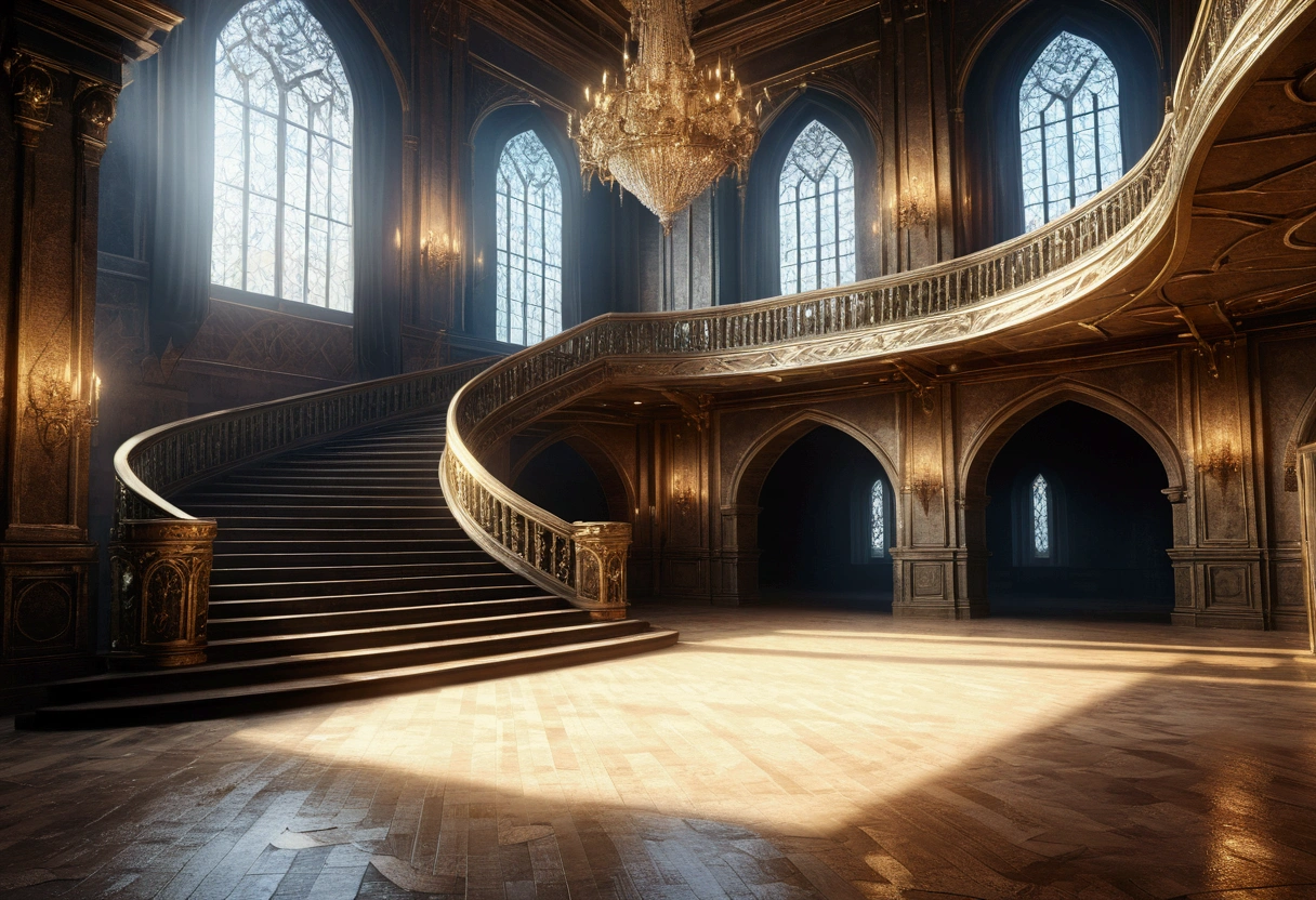 Highest quality,masterpiece,A glittering castle ballroom,Large staircase,Fantasy,Concept Art,middle ages,high resolution,4K,Atmospheric,Detailed Description,ground-level shot,アニメ 