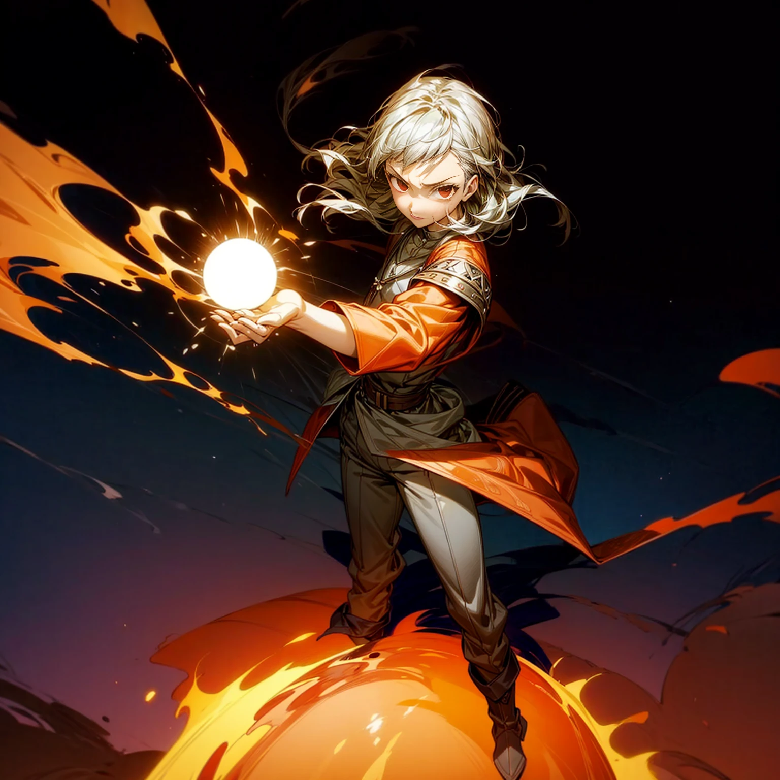 1boy, muscle, Full body version, 1character, red eyes, long haircut, silver colour hair, Ancient Roman clothing, Grassroots, full background in square Castleford, motion blur, lighting, (one piece art), standing gesture, boots, long pants, armors, big ball flame on hand, smoke effect, Fire effect on background, plasma effect, blood on face, high angle view 