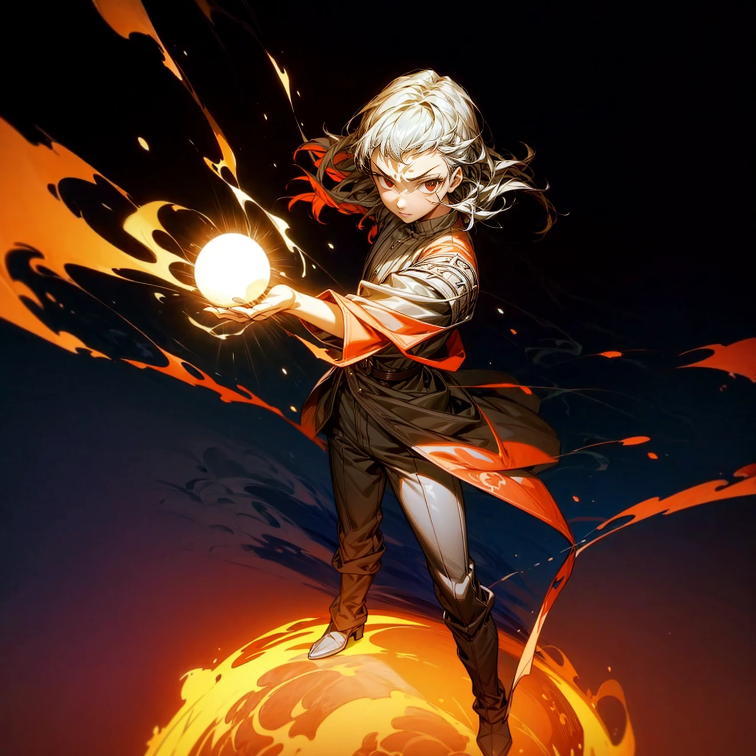 1boy, muscle, Full body version, 1character, red eyes, long haircut, silver colour hair, Ancient Roman clothing, Grassroots, full background in square Castleford, motion blur, lighting, (one piece art), standing gesture, boots, long pants, armors, big ball flame on hand, smoke effect, Fire effect on background, plasma effect, blood on face, high angle view 