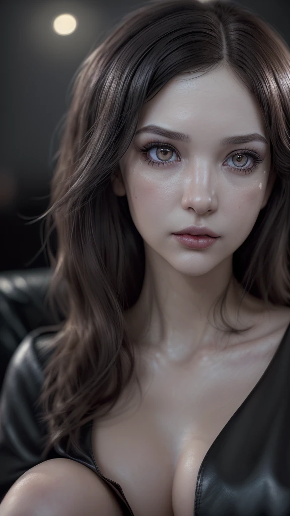 ((photoshotrrealista)), photoshot, 32 mil, dr, (ultra detailed face and eyes: 1.3), (cinematic shot). slender 25 year old girl, model appearance, (eye make up, mascara, long eyelashes), (detailed full lips), (Wavy dark hair), (detailedeyes:1.1), (ultra detailed leather: 1.3). Full length, sitting not sofa. in a dark room, (poor lighting) , ((Shallow depth of field, bokeh)). Warm frame atmosphere, Blurred dark background, (((granularity))), blossom, sheen, ultra detail. 