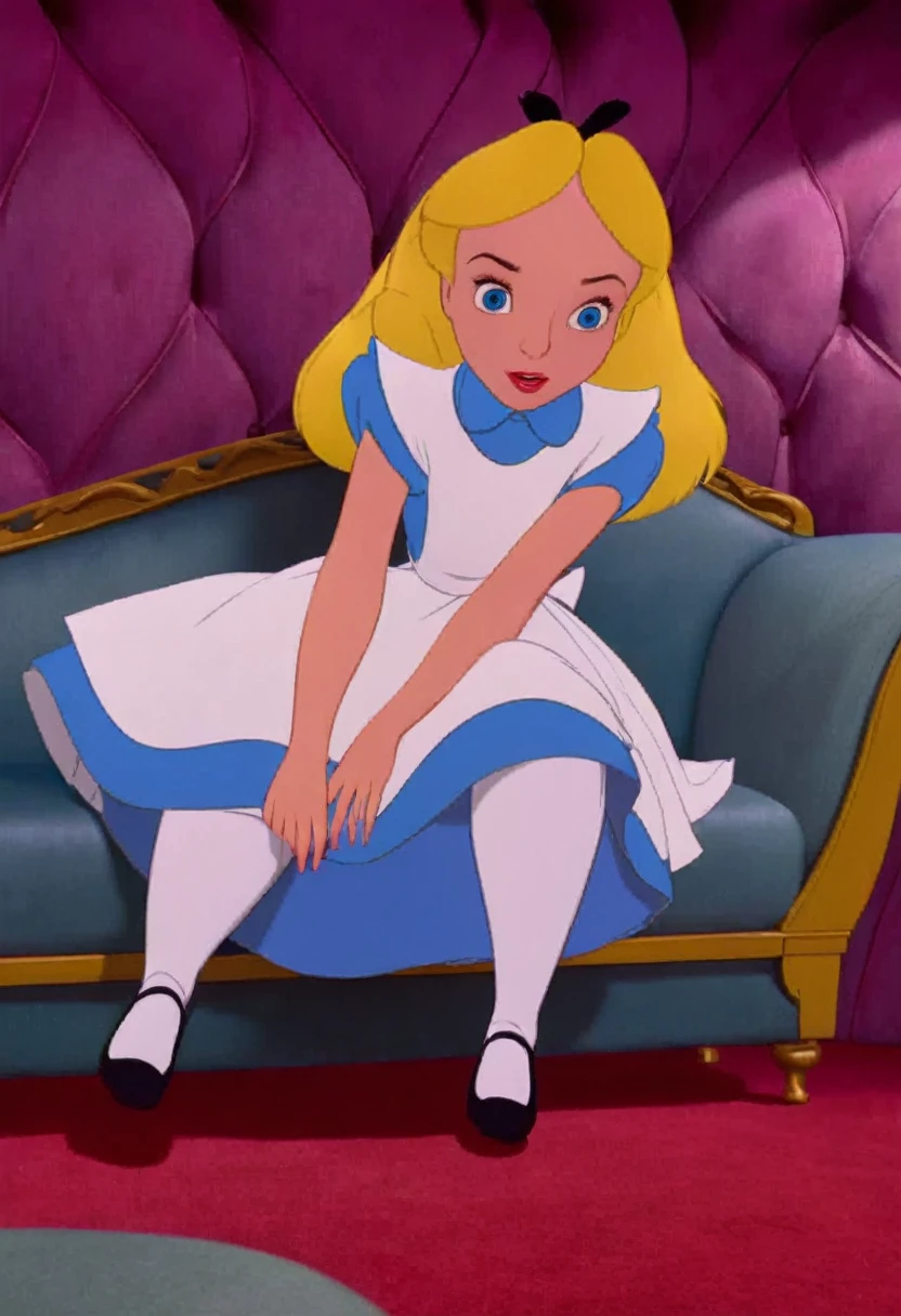 wxaliwonlan,1 girl, alone, long hair, blue eyes, blonde hair, dress, having fun in a magical fantasy world, Alice (Alice in Wonderland), Disney cartoon, masterpiece, best quality, (details intricate), highly detailed eyes, unique pose, dynamic pose, exaggerated angles and proportions, on a couch, realistic lighting, raw camera, photorealistic, realistic image, realistic detail, detailed body, detailed face, open legs