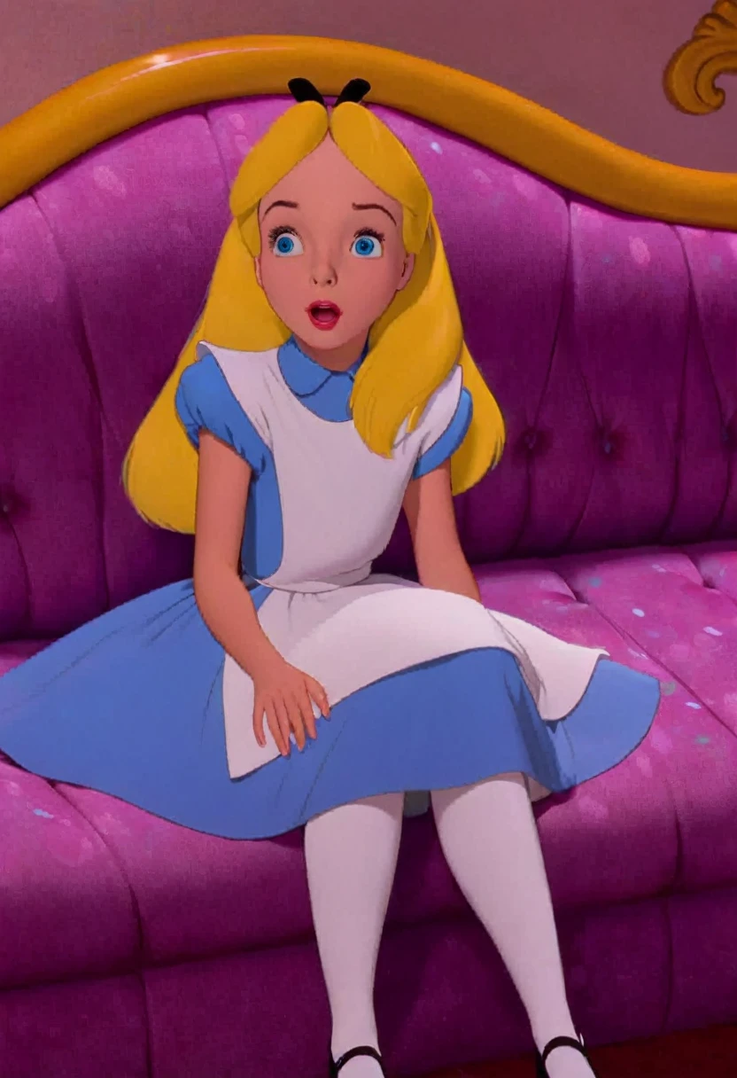 wxaliwonlan,1 girl, alone, long hair, blue eyes, blonde hair, dress, having fun in a magical fantasy world, Alice (Alice in Wonderland), Disney cartoon, masterpiece, best quality, (details intricate), highly detailed eyes, unique pose, dynamic pose, exaggerated angles and proportions, on a couch, realistic lighting, raw camera, photorealistic, realistic image, realistic detail, detailed body, detailed face, open legs