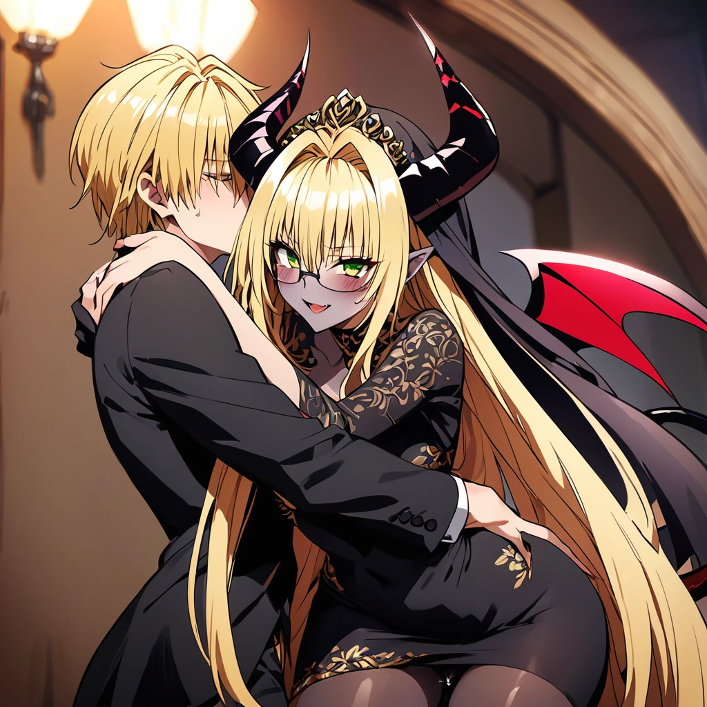 ((Highest quality)), ((masterpiece)), (detailed), (Perfect Face)、The woman snuggles up to the great and powerful evil demon king, hugs him, kisses him happily, puts his dick in her pussy, ejaculates, and has sex with him, making love to the dark demon couple.、The woman is a beautiful, jet-black female demon, the Devil Tiare, the queen of evil, with green eyes, blonde medium-long hair, a gorgeous black wedding dress with gold embroidery and trim, a black wedding veil, an engagement ring, and gorgeous accessories. She is an elegant, beautiful female demon, the Devil Queen.、A great demon with jet black skin, impressive devil horns, devil wings and a devil tail.、The woman looks happy、The man is a great and powerful dark demon king.、The woman is being loved and loved by the majestic demon king.