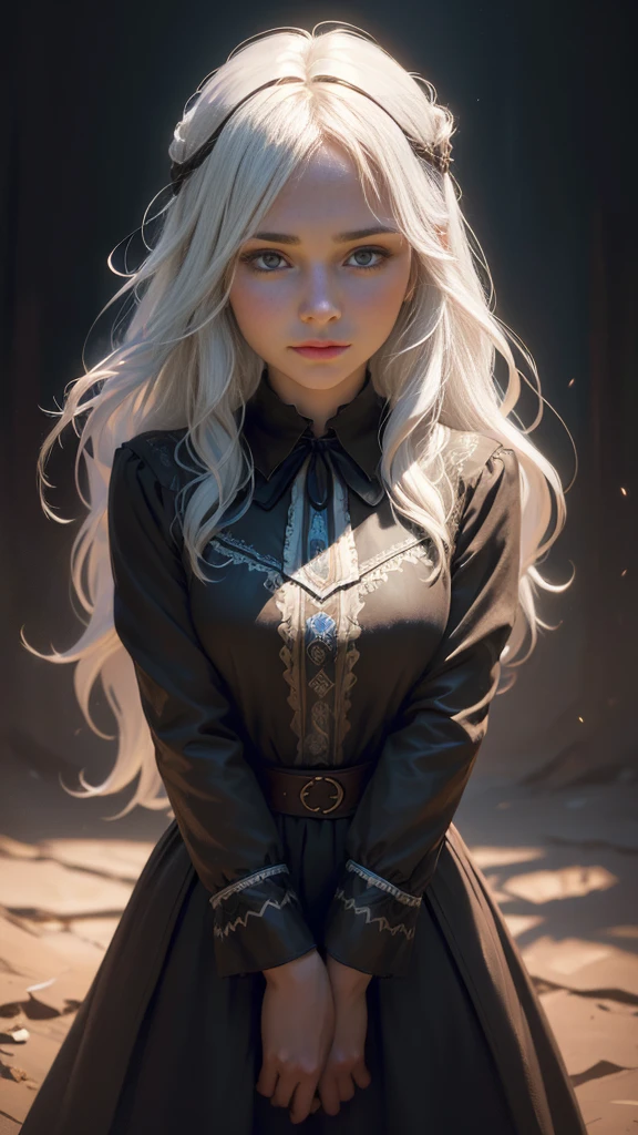 (front focus), (in the dark:1.6), Hyperrealist portrait of female by david hockney and alphonse mucha, fantasy art, photo realistic, dynamic lighting, artstation, poster, volumetric lighting, very detailed faces, 4 k, award winning, 1girl, in the dark, deep shadow, low key, cowboy shot, (official clothing:1.4), long hair, white hair