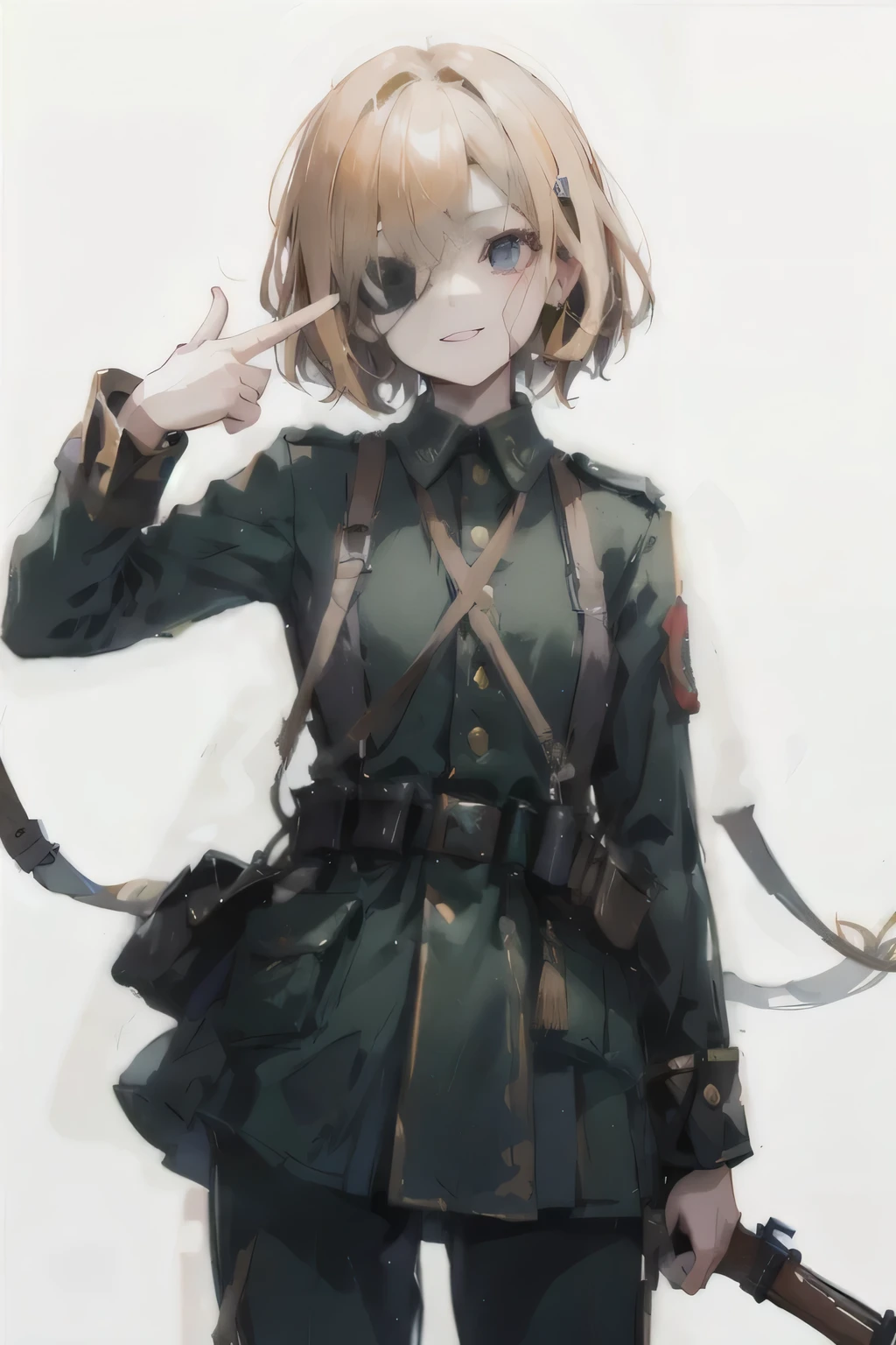 an Black eye patch silightly covered by hair