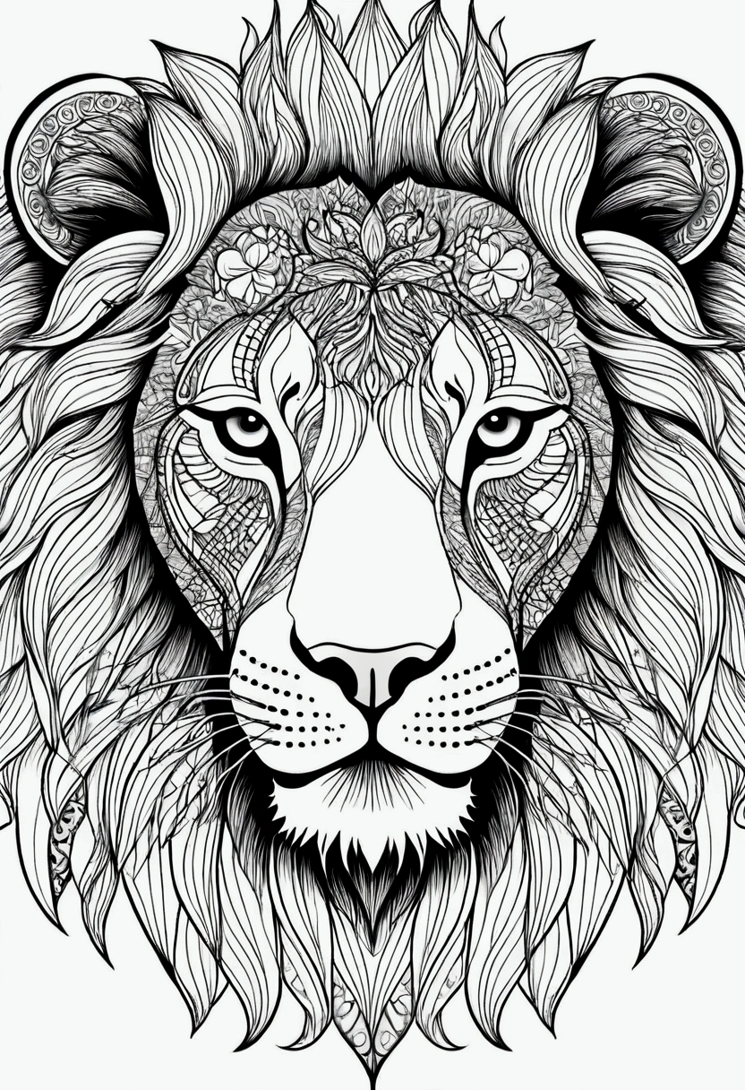 Lion face, do not cut image, black and white, zentangle (best quality) detailed , thick line drawing, adult relaxation coloring book illustration style, linework thick enough to fill in with colors, perfect composition, beautiful and stunning, dynamic angle, no shading, unique style, black and white details, intricate and detailed nature elements. Keep background plain white, no art in the background. Do not cut the picture from edges. Whole face required