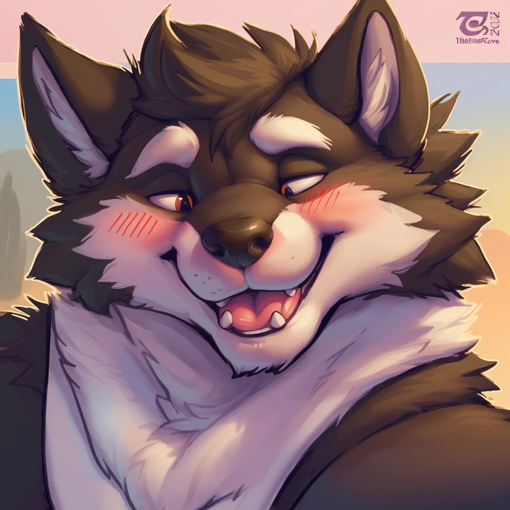 portrait of a wolf face, wolf face full screen, (( face close to the screen)), ((blush  face)), by thesecretcave, by ifus, by zackary911, [by braeburned], [by chunie], /wolf/, male, smiling, nsfw, ((single person))