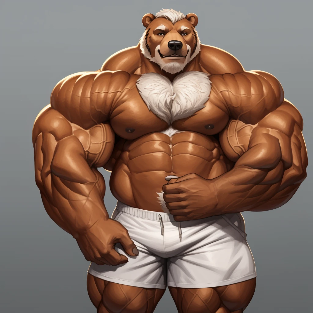 solo, 1boy, perfect anatomy, perfect proportion, smile, grinning, big eyes, happy. Huge Muscular Old grizzly bear, short hair ,(white shorts), view from side, pectoral, thick arms, huge pectoral, wide pectoral, white hair, white beards, huge brown fur, simple background, masterpiece, semirealistic:1.2, high detailed, 8k, high resolution, perfect center, full view. ((really big muscle, massive muscular, sixpack, thick arms, wide pectoral, super huge muscle, hyper muscular, over sized muscle, brown furry arms, bear paws, huge arms, big arms, huge pectoral))