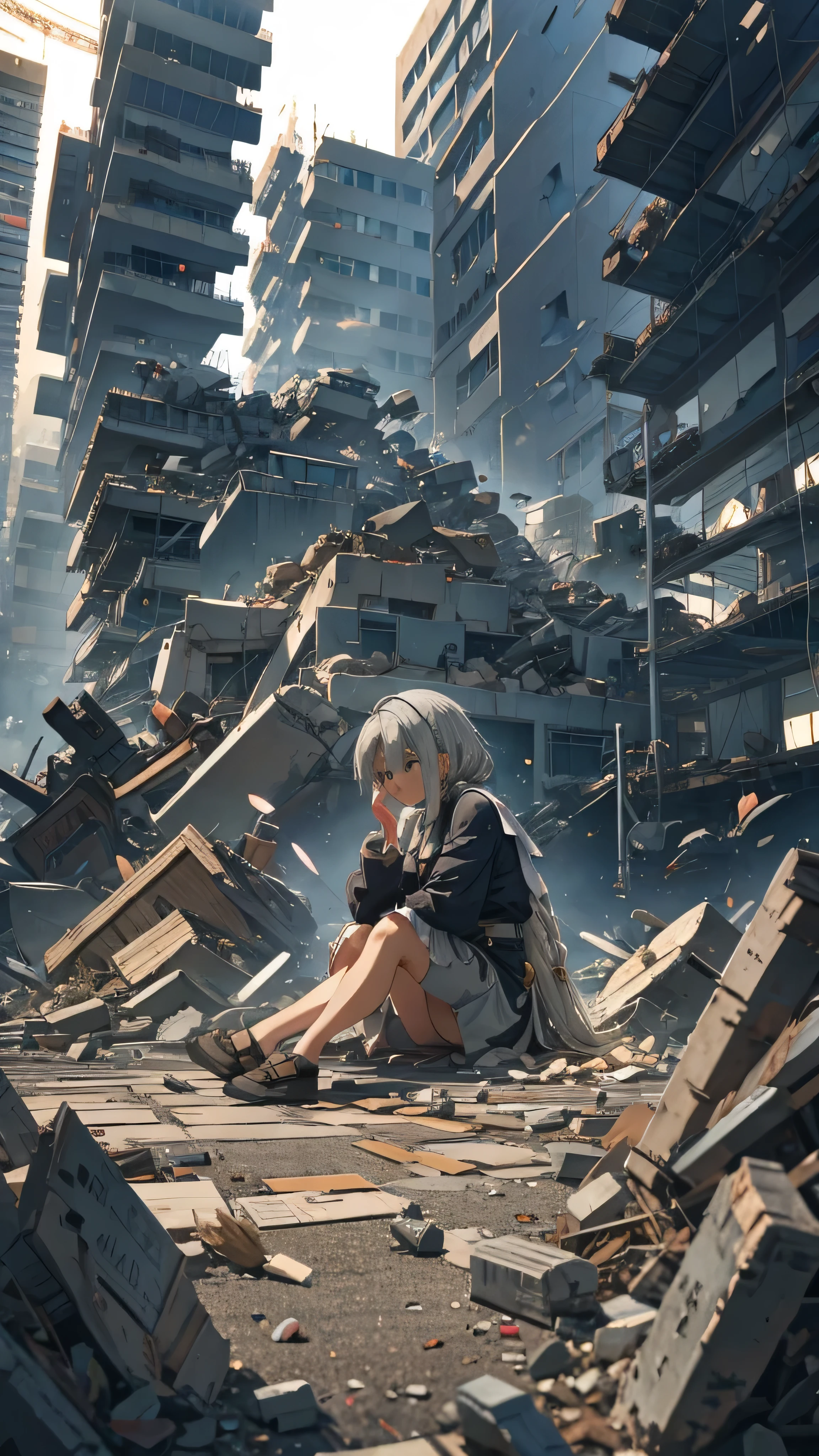 anime, A woman with long grey hair sitting on a pile of rubble, from Girls&#39; Frontline, from Arknights, White Hair Girl, anime style like fate/Stay Night, Fine details. Girls&#39; Frontline, Girls&#39; Frontline style, Girls&#39; Frontline cg, Girls&#39; Frontline universe, Danganronpa digital art, Arknights, blonde anime girl with long hair