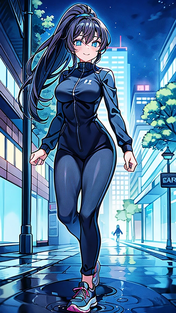 show, 1 girl, walking, night city, look at the viewer, nice smile, Blue eyes, black hair, wonderful appearance, put on, black jumpsuit, tight pants, White running shoes, ponytail, Get wet, puddles, streets, buildings around her, trees,
ultra quality, 4k, No problem, ring, beauty,
