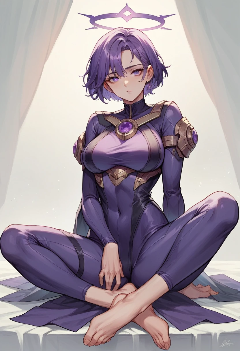1 girl, goddess(gallant, cool beauty, purple short hair, deep purple suit), barefoot, halo, turn,