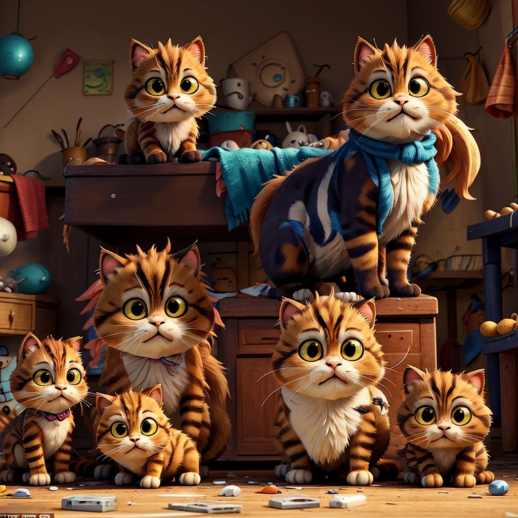styled: Scene Animation: A messy room Characters:
An angry cat mom (Lively)
A cowering kitten (animadas)
Action: The mother cat is fighting with her kitten Environment details:
Roupas e brinquedos animadass espalhados
Uma cama desfeita
Um cesto de roupa animadas derrubado

