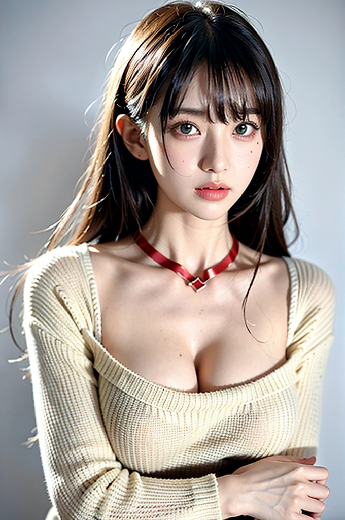 One girl,sweater,White Background,
High resolution, Large Breasts, Yandere, ribbon, Bangs between the eyes, 