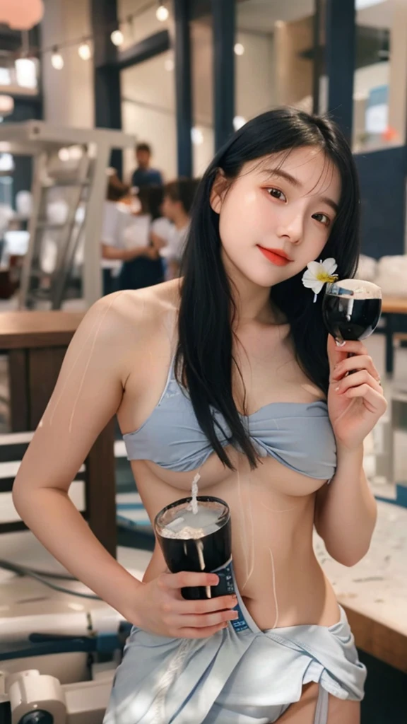1 Girl, Beautiful, Baby Face, 20 Years Old, White Skin, Large Breasts, Sleeveless, Cleavage, White Modern Oversize T-shirt, Posing For Photos, Beautiful Blue Sea, Blue Sky, Grey Hair, Silver Straight Hair, ((adorable:1.1)), ((masterpiece:1.1)), Sleepy Cute Face