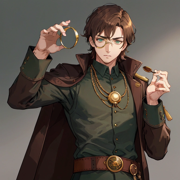 masterpiece, best quality, simple background, portrait, solo, guy, brown hair, green eyes, monocle on his left eye, dark blue mantle, gray shirt under the mantle, brown belt belt, gold bar on the belt