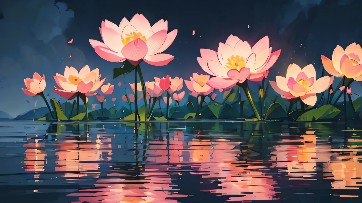 at night, many pink flowers bloom in the water., Bela arte UHD 4K, beautiful digital artwork, Calm night. digital illustration, highly detailed digital art in 4k, Beautiful peaceful scene in anime, 4K HD wallpaper illustration, cute anime dinner, cute digital painting, beautiful fine art illustration, beautiful digital art, very beautiful digital art, lotus flowers in water
