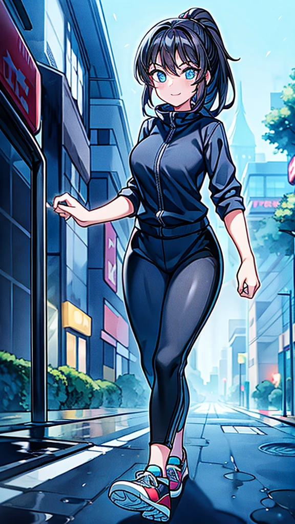 show, 1 girl, walking, night city, look at the viewer, nice smile, Blue eyes, black hair, wonderful appearance, put on, black jumpsuit, tight pants, White running shoes, ponytail, Get wet, puddles, streets, buildings around her, trees,
ultra quality, 4k, No problem, ring, beauty,