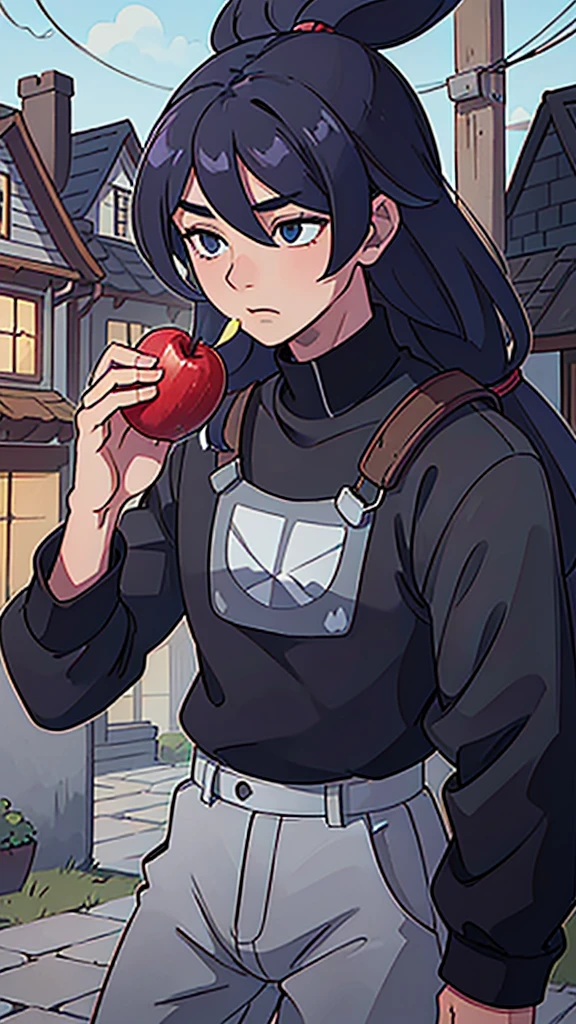 a handsome black man with a fit physique, long blue hair, feline ears, front view, in a village setting, eating an apple, 4k, high detail, best quality, masterpiece