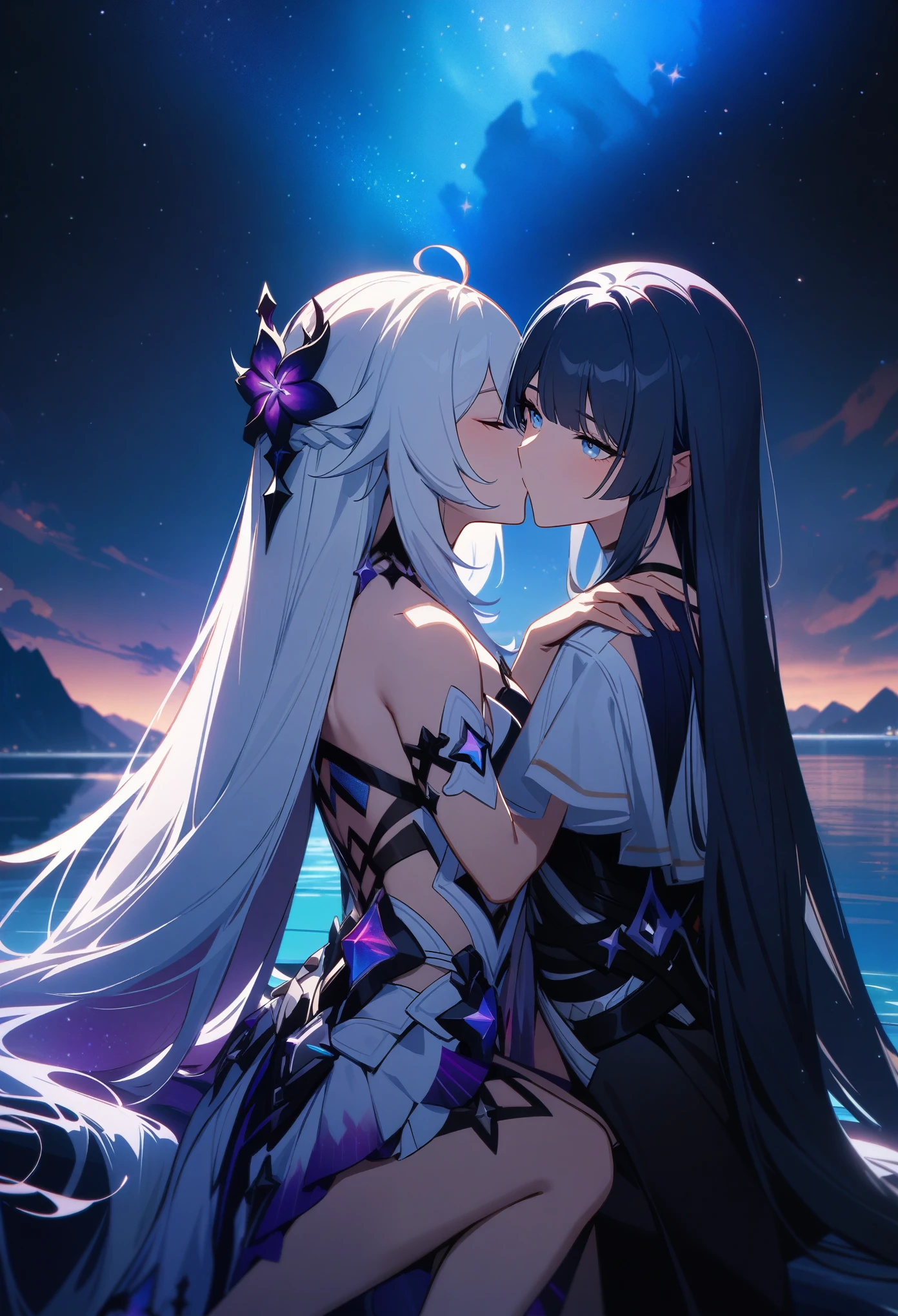 a beautiful detailed yuri scene of 2girls, Kiana Kaslana \(Herrscher of Finality)\ and Raiden Mei \(APHO)\, (Honkai Impact 3rd), very long hair, ponytail, (kissing:1.5) in a scenic landscape with mountains, a lake, and a starry nebula sky, romantic atmosphere, the girls sitting facing away from the camera, head resting on each other's shoulders, (best quality,4k,8k,highres,masterpiece:1.2),ultra-detailed, studio lighting, extremely detailed environment, vibrant colors, cinematic lighting