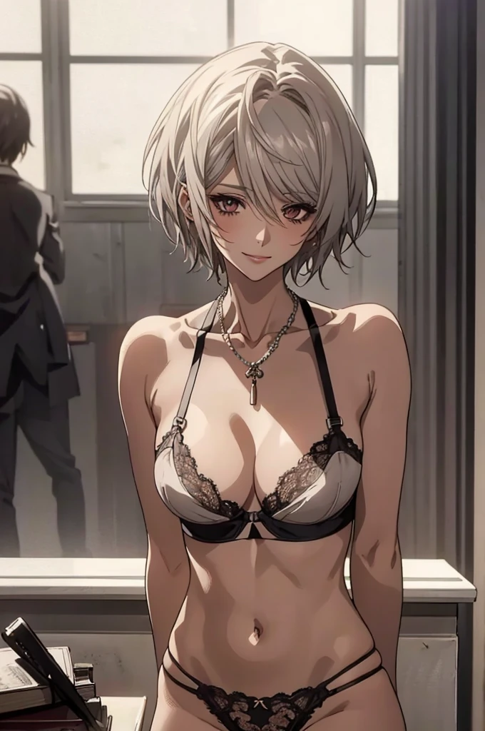 (Highest quality, High resolution, Very detailed), Silver Hair, Super short hair, Reddish brown eyes, lace thong bra, NUDE, thighhighs, Large Breasts, Perfect Makeup, necklace, 24th generation, Beautiful woman, mature, quiet, Calm, A small smile, office,