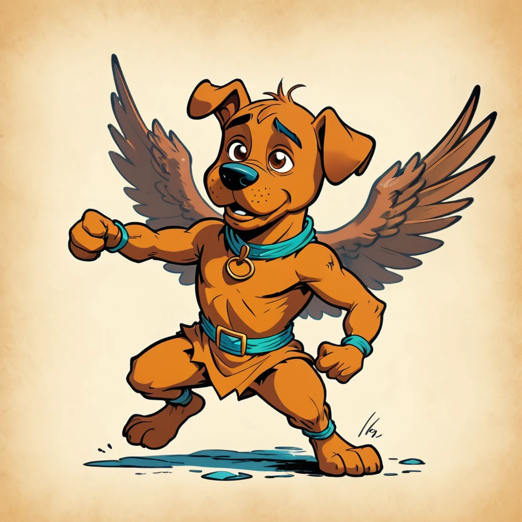 1960s design, vintage retro scrappy doo,  screen grab Scooby Doo TV show, solid color design, 1960's Scooby Doo color style, expressive sketch bold ink lines, upright fists up to box, fighting stance, splash page comic, distinct scrappy doo design and iconic resemblance to the character scrappy doo, alone solo Scrappy Doo, flying, with wings, winged scrappy doo, ornate detailed feathers on wings, clearly scrappy doo, short small dog Scooby Doo distinct to original cartoon,  scene is minimal, serene, perfect, strange, candid, cinematic, surreal, and timeless. The style is a mix of realism and cartoon, with 90s comic aesthetics, expressive ink work, cinematic compositions, and nuanced details. The style is reminiscent of Joelle Jones and 90's scooby doo animated tv show,  scooby doo distinct art style,
