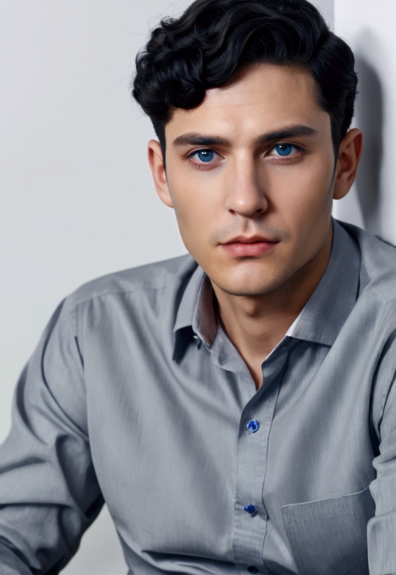 In the business center、There is a young man with a handsome face, curly black hair and big blue eyes.。, A thoughtful and attentive look on his handsome face, full length, Wearing a simple gray shirt and old-fashioned trousers.