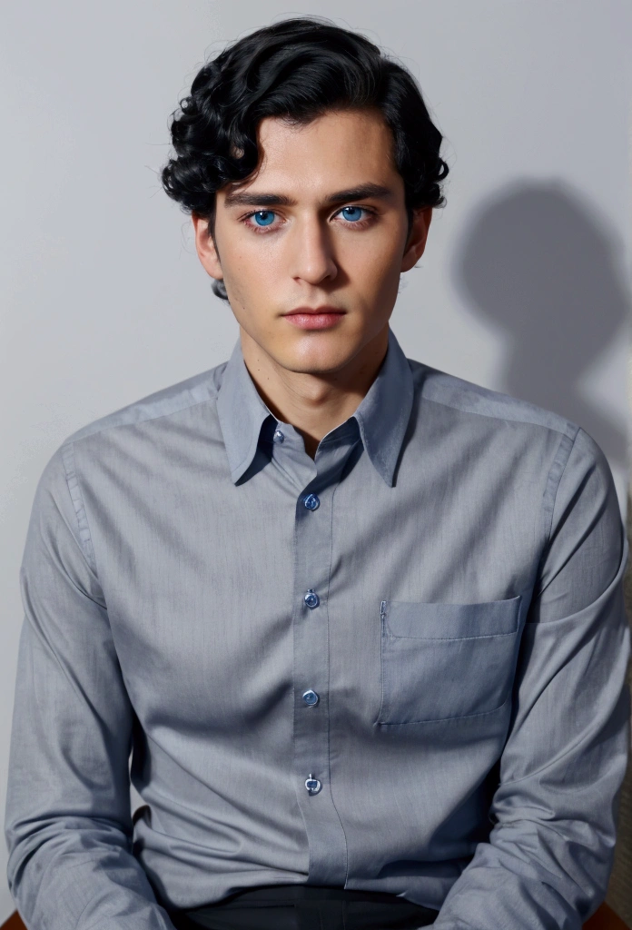 In the business center、There is a young man with a handsome face, curly black hair and big blue eyes.。, A thoughtful and attentive look on his handsome face, full length, Wearing a simple gray shirt and old-fashioned trousers.