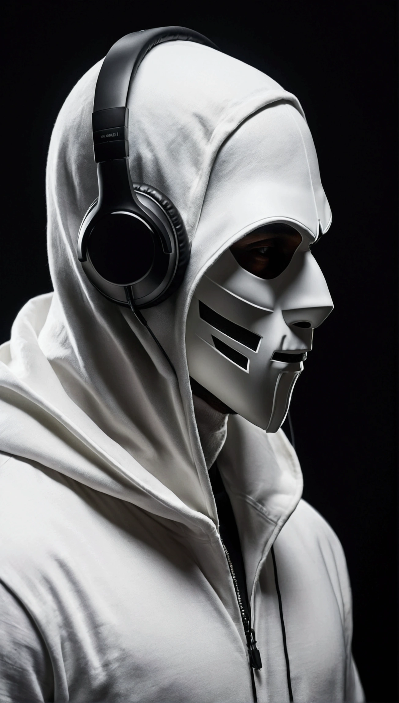 In a frontal pose, a mysterious man stands against a dark and mysterious background. His white hood and mask give him an air of secrecy., while your headphones suggest the music that keeps you company in this dark world.
INFO