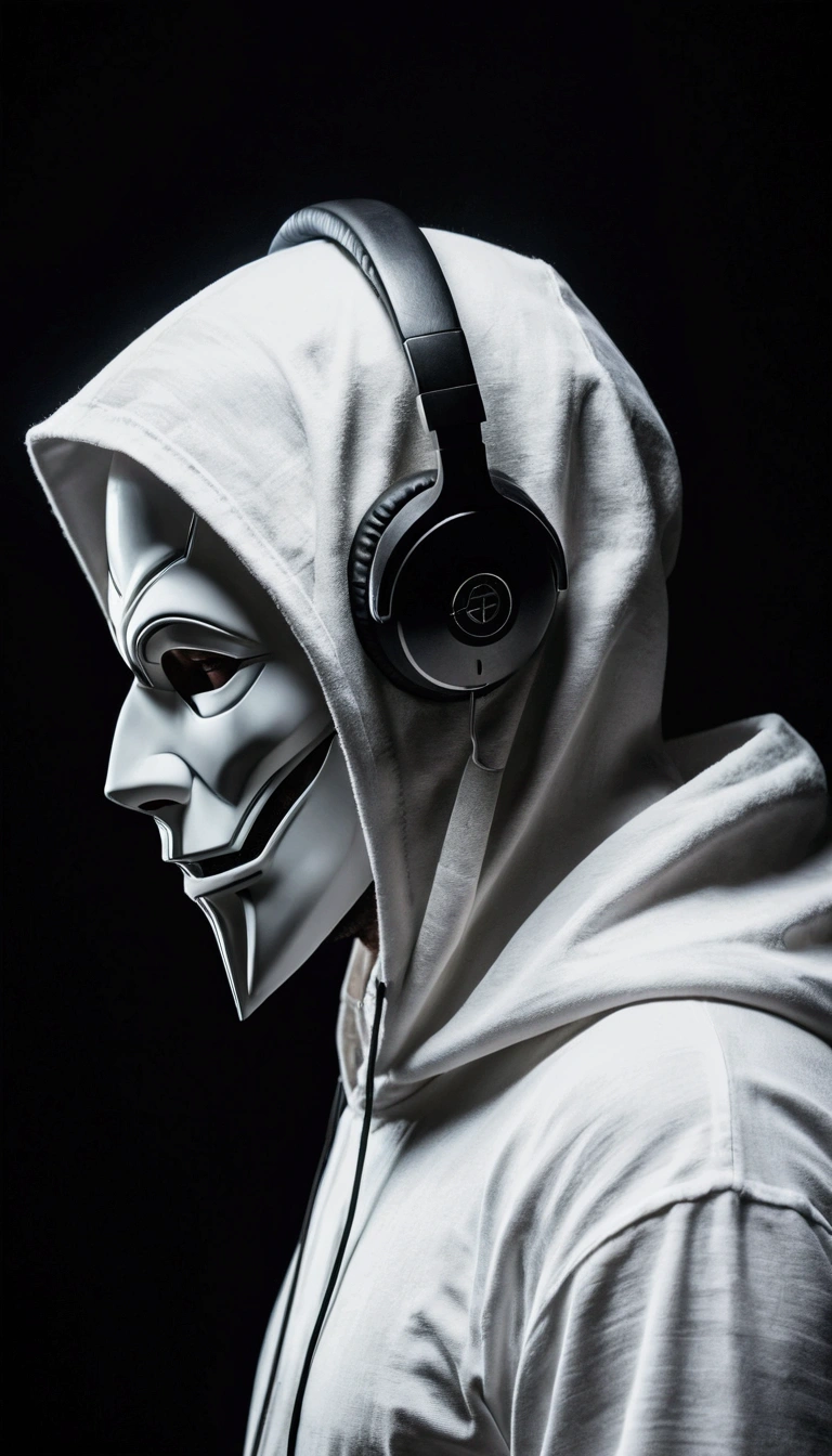 in a side pose, a mysterious man stands against a dark and mysterious background. His white hood and mask give him an air of secrecy., while your headphones suggest the music that keeps you company in this dark world.
INFO
