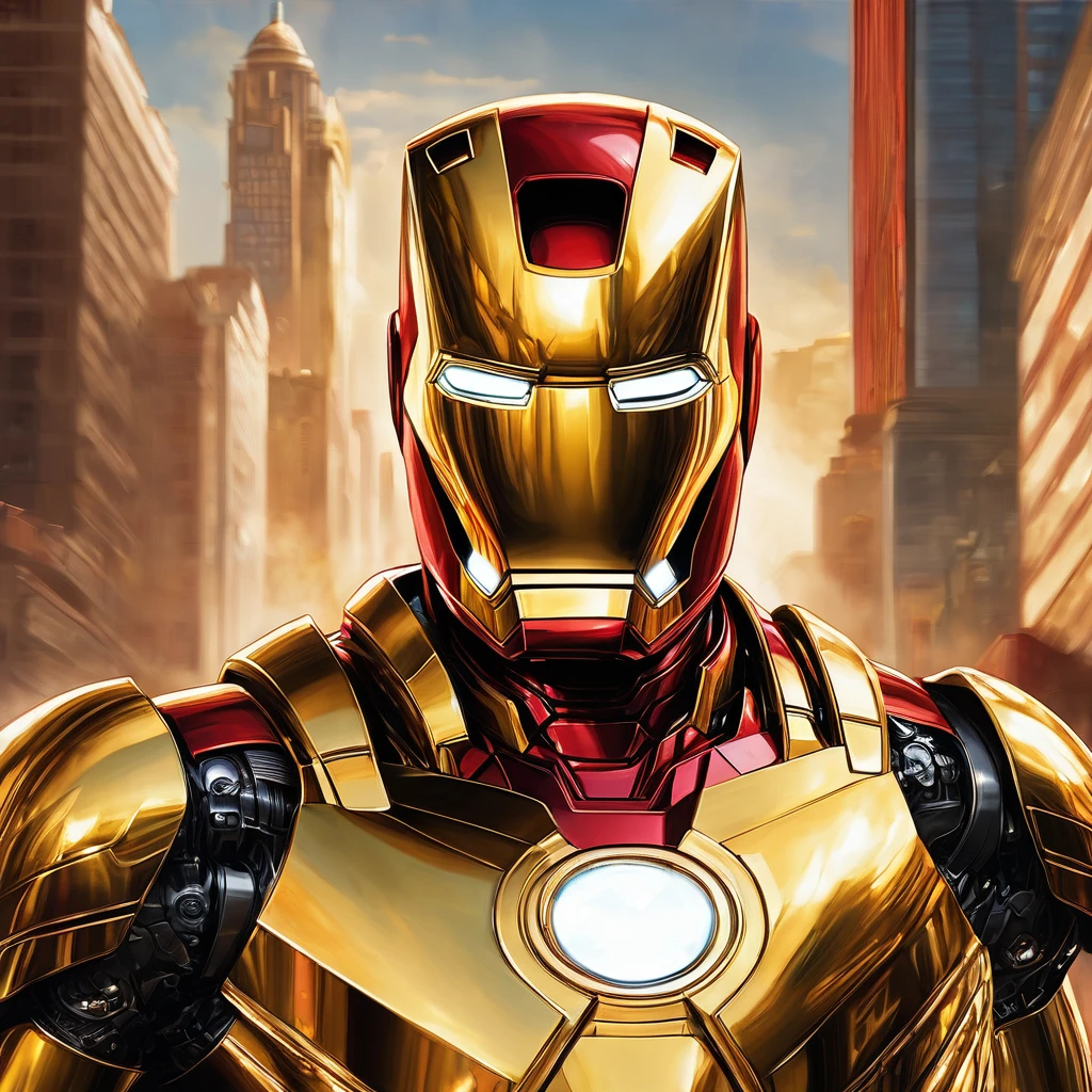 I want an art of Donald trump in gold color with a red and gold background The image must focus on Donald trump in iron man costume without full body helmet with walls or buildings in the background..