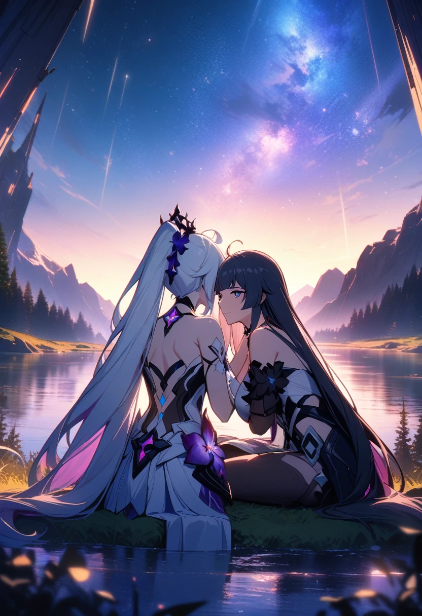 a beautiful detailed yuri scene of 2girls, Kiana Kaslana \(Herrscher of Finality)\ and Raiden Mei \(APHO)\, (Honkai Impact 3rd), very long hair, ponytail, lap pillow, in a scenic landscape with mountains, a lake, and a starry nebula sky, romantic atmosphere, the girls sitting facing away from the camera, head resting on each other's shoulders, (best quality,4k,8k,highres,masterpiece:1.2),ultra-detailed, studio lighting, extremely detailed environment, vibrant colors, cinematic lighting