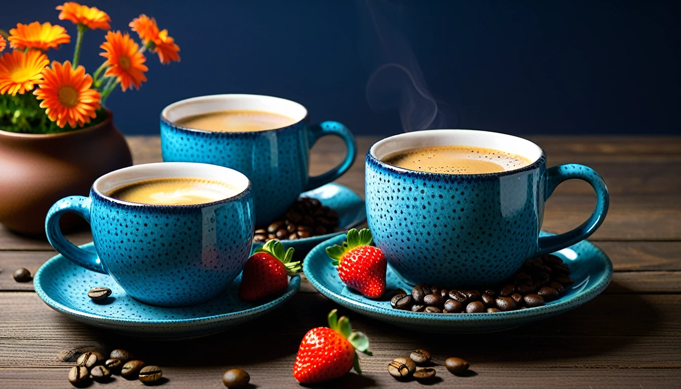 Create an image featuring two rustic blue speckled mugs on saucers,filled with a coffee mugs, set on a dark wooden table. Surround the mugs with many vibrant orange and pink daisy-like flowers on the pot, some petals scattered. Include fresh strawberries and scattered coffee beans in the composition. The background should have a moody ambiance with teal and blue hues, accentuated by soft lighting that casts a cozy glow over the scene. first person view from the front,focus on the coffee mugs, litle blur on the background.