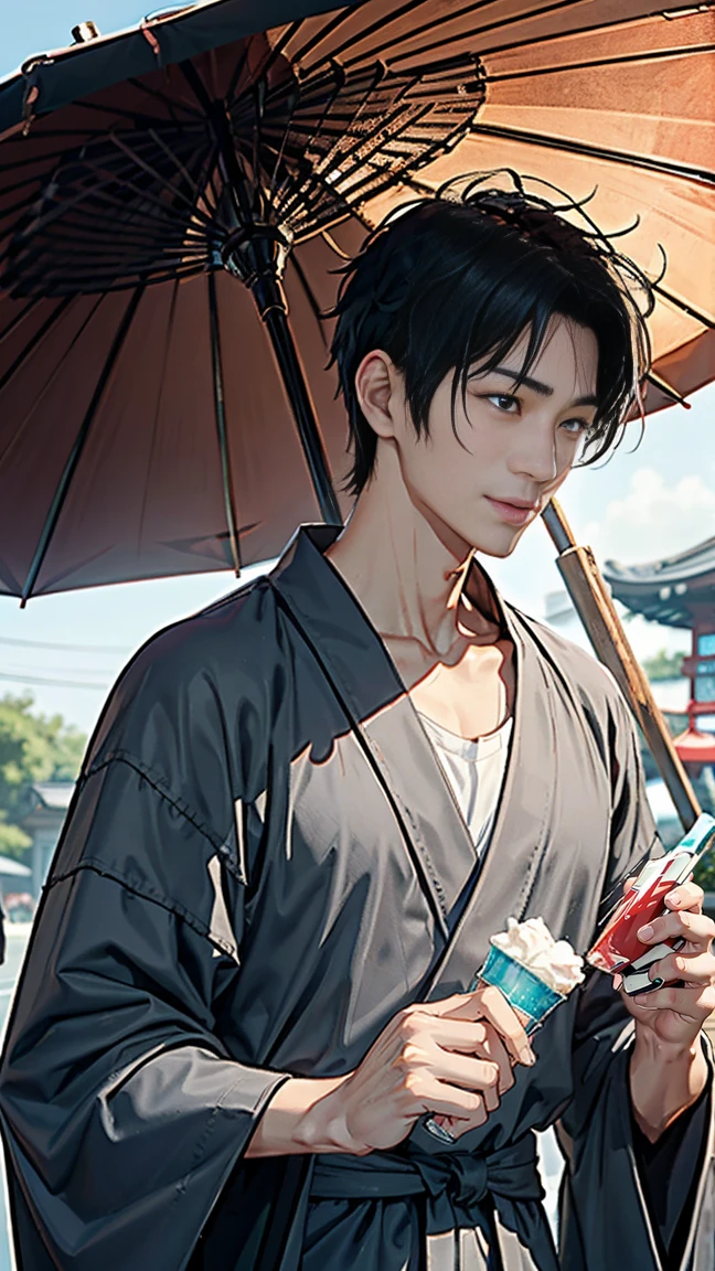 Japanese men、Black Hair、Short Hair、handsome man、30 years old、Handsome、Height: 180 cm、Wearing a gray yukata、Holding an ice lolly in his hand。Smiling and laughing、Two on the cheek、There are three drops of sweat、Eyes on the ice、Mouth open to eat ice cream、Draw the eyes delicately、Erase the umbrella in the background