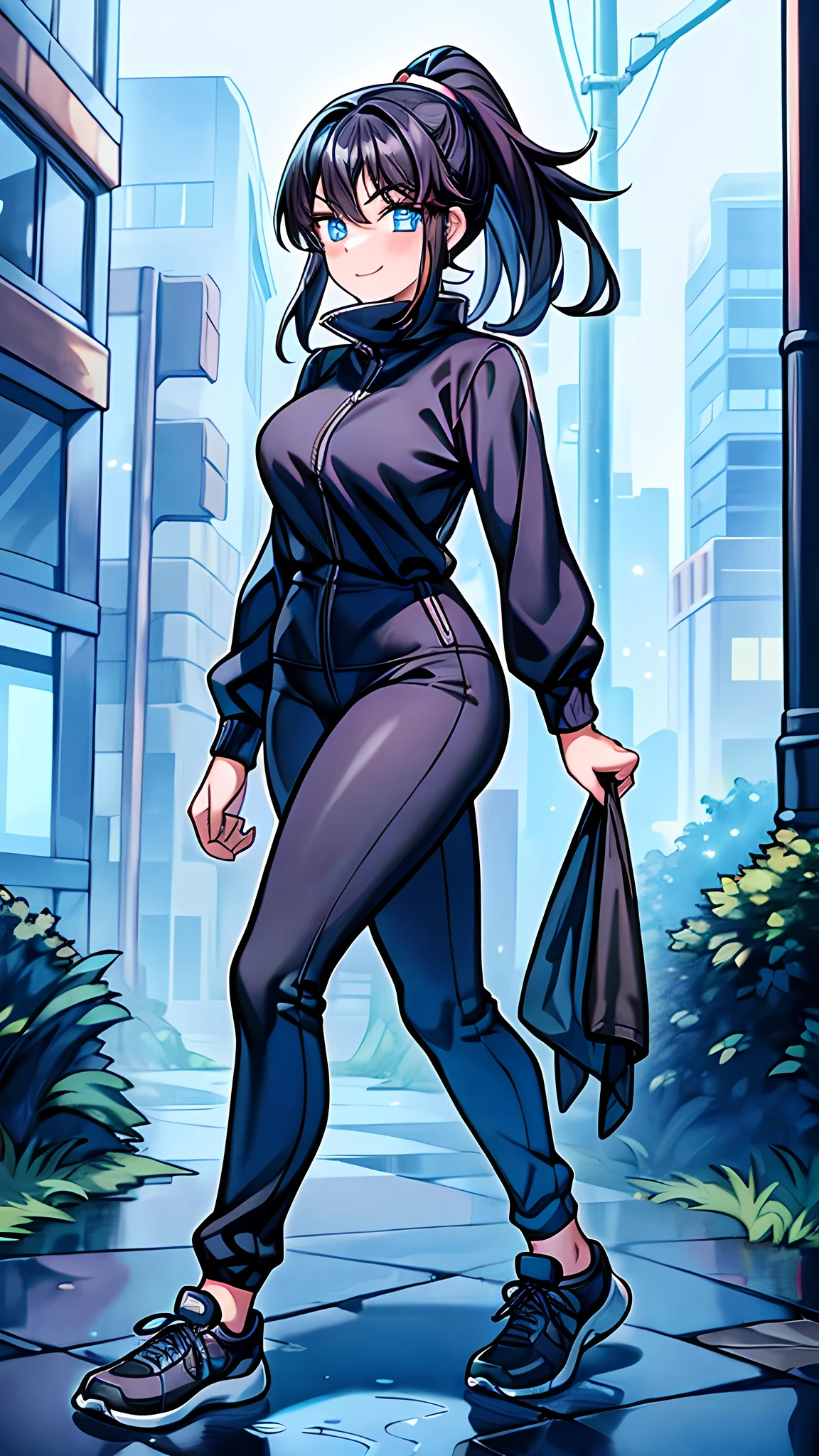 show, 1 girl, walking, night city, look at the viewer, nice smile, Blue eyes, black hair, wonderful appearance, put on, black jumpsuit, tight pants, White running shoes, ponytail, Get wet, puddles, streets, buildings around her, trees,
ultra quality, 4k, No problem, ring, beauty,