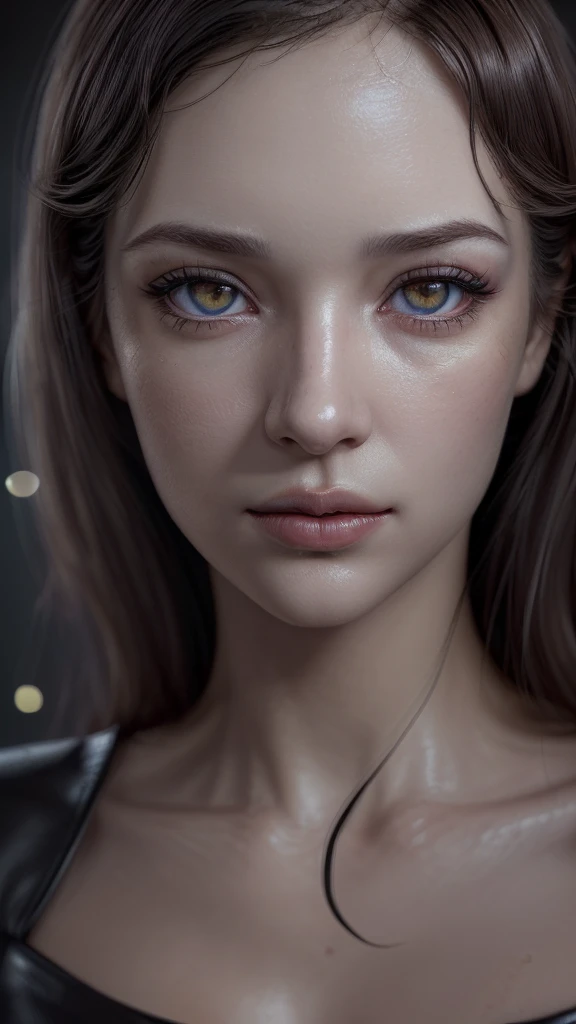 ((photoshotrrealista)), photoshot, 32 mil, dr, (ultra detailed face and eyes: 1.3), (cinematic shot). slender 25 year old girl, (eye make up, mascara, long eyelashes), (detailed full lips), (Wavy dark hair), (detailedeyes:1.1), (ultra detailed leather: 1.3). Full length, sitting not sofa. in a dark room, (poor lighting) , ((Shallow depth of field, bokeh)). Warm frame atmosphere, Blurred dark background, (((granularity))), blossom, sheen, ultra detail.