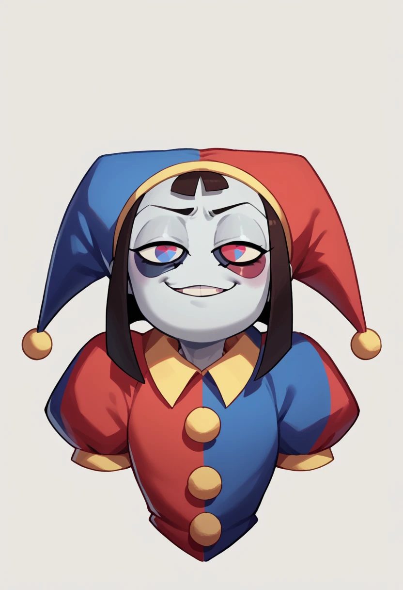 Anime android girl, jester evil, grey skin, multi colored eyes, facial joints,  body, black and red jester clothes, sadistic and vile, smug face