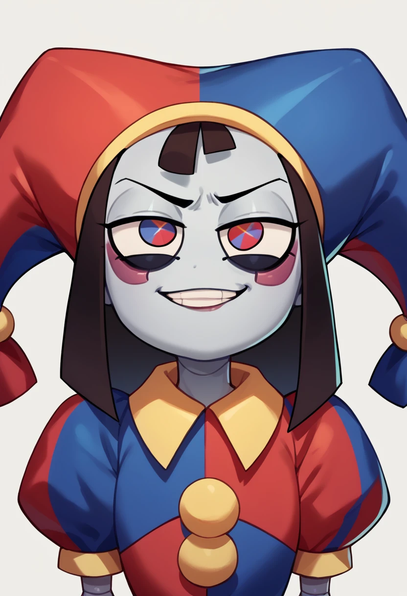 Anime android girl, jester evil, grey skin, multi colored eyes, facial joints,  body, black and red jester clothes, sadistic and vile, smug face