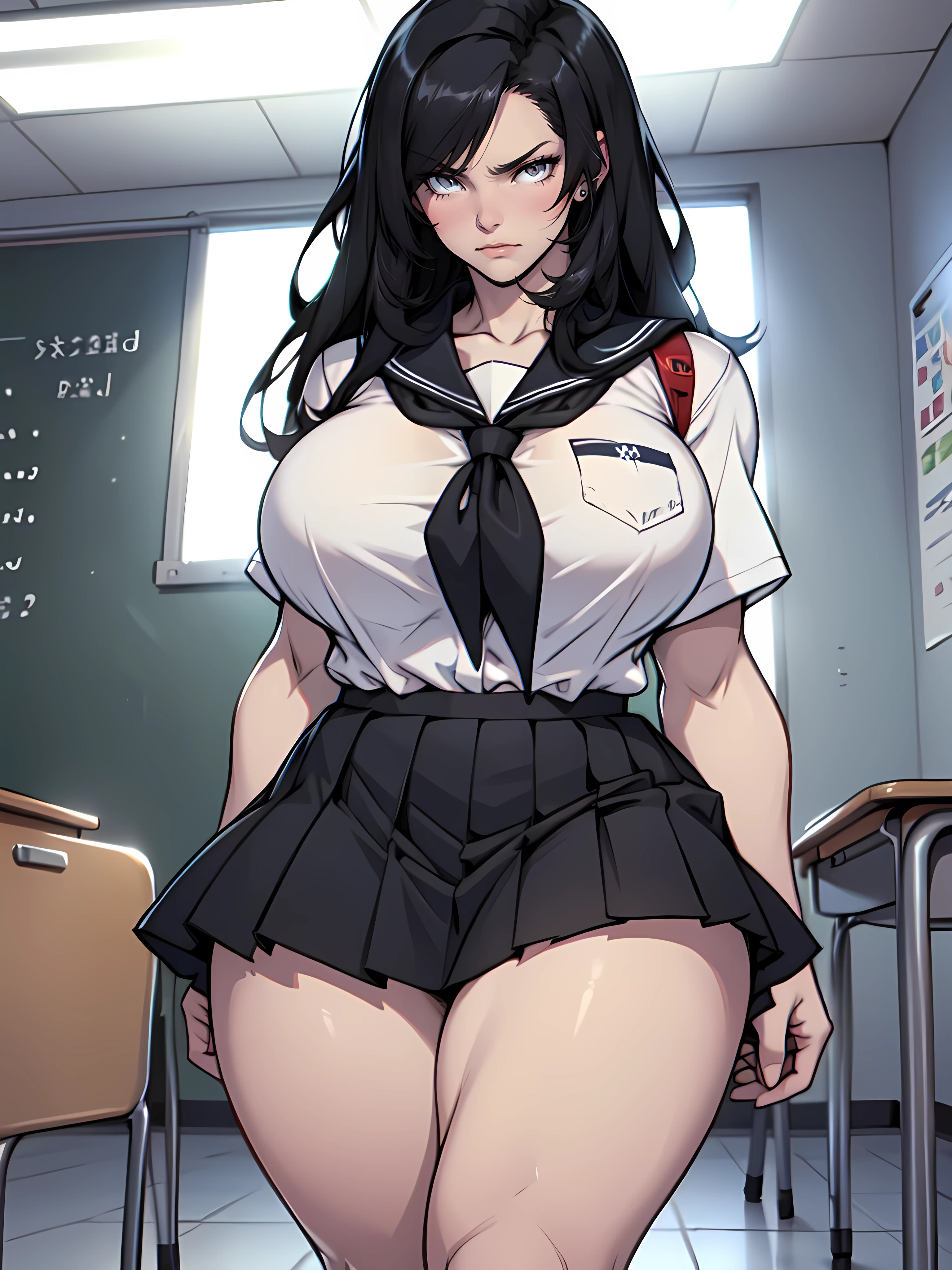 (1girl), black hair, extremely long hair, yellow eyes, ((massive muscular)), huge breasts, thick thighs, solo, angry, (pale skin), cowboy shot, (school uniform)