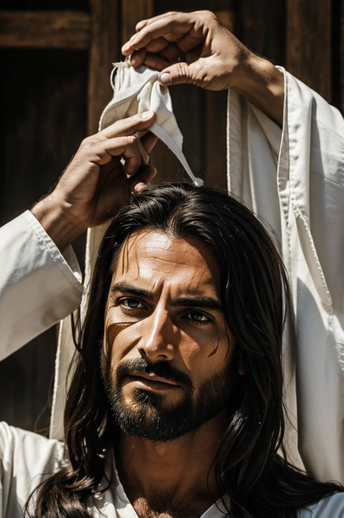 Give me an image of Jesus removing a mask from evil
