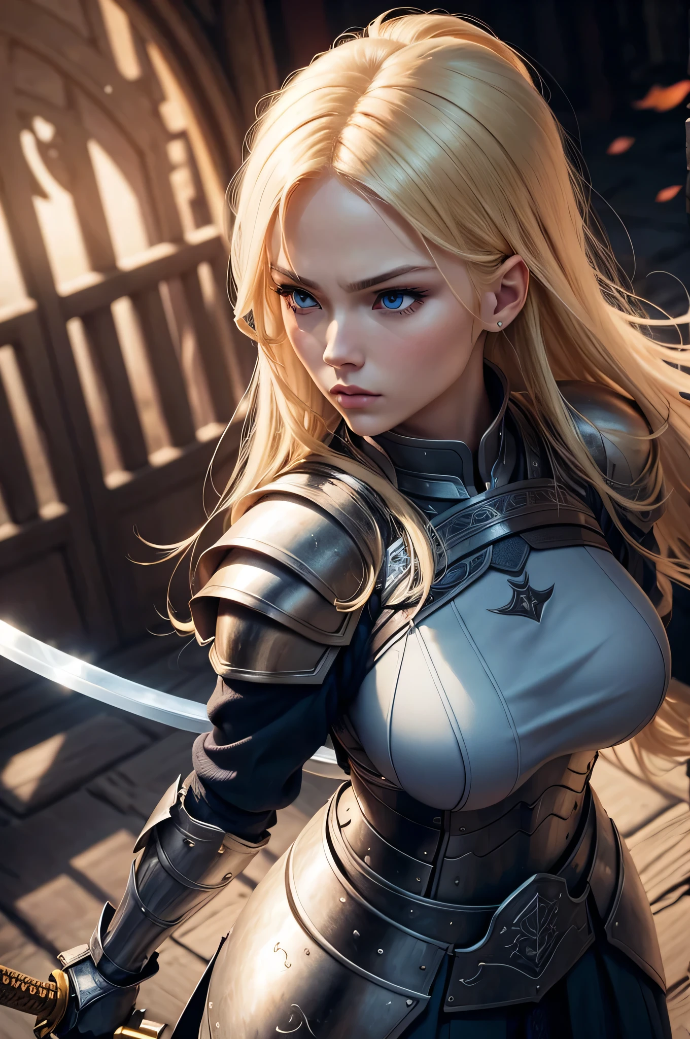 create a blonde character with red eyes holding a sword. She is a hero and has a P on her chest for protector. She wears a tight-fitting uniform that highlights her beautiful curves and her uniform is military.