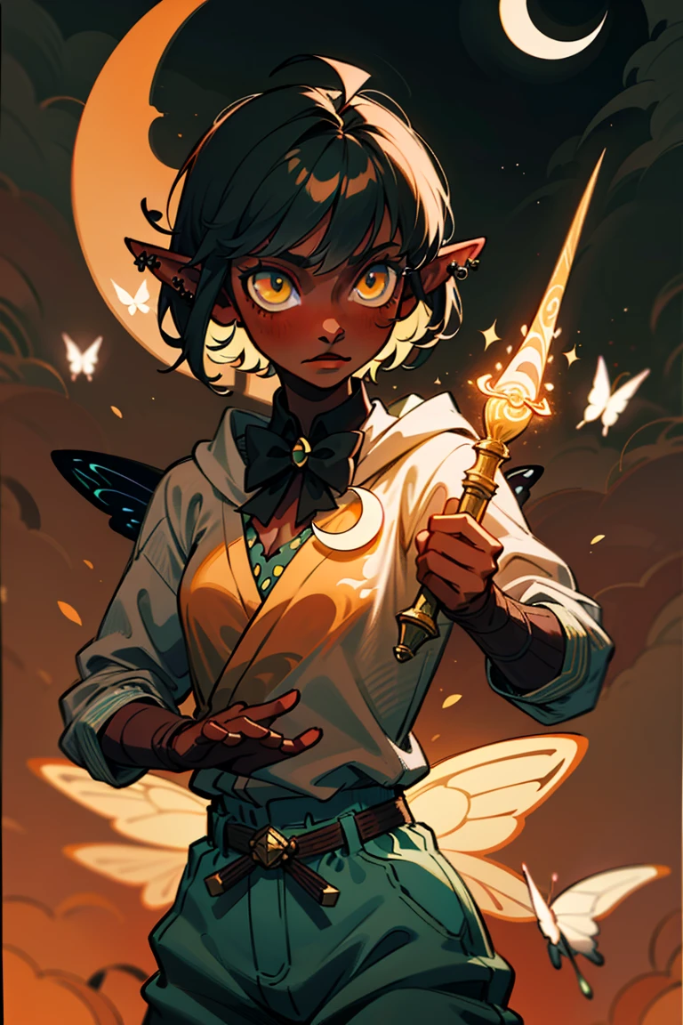 absurdres, 1girl, androgynous, cowboyshot, tachi-e, best aesthetics, dark skin, black hair, short hair, ahoge, bangs, yellow eyes, sparkling eyes, ethereal, butterfly hair ornament, elven ears, crescent moon, glowing butterfly, butterfly bowtie, flat chest, hooded shirt, flowing shirt, baggy pants, fae, pinwheel piercings, ethereal, dynamic pose, fantasy, magic, intricate, elegant, highly detailed, digital painting, artstation, smooth, sharp focus, illustration, soft shading, dynamic lighting, sfw, trending on artstation, adult female, casting a spell, good anatomy, medieval fantasy, gloomy atmosphere