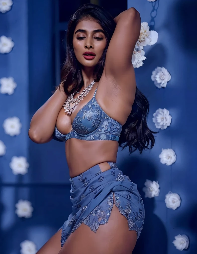 close up photo of naked pooja hegde masturbating pussy in office, chin up and self pleasure in pain, open mouth wide, laugh, curvy, hourglass figure, swooping breasts, closed eyes, standing with wide open spread legs, necklace, blue floral lace bra and saree, red lips, sultry, ponytail, (cinematic:1.3)