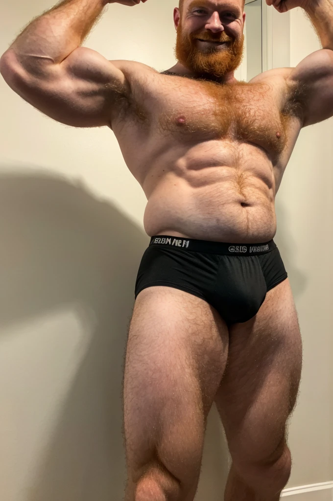 Extremely muscular, very hairy, rugged ginger daddy flexing his arms ((Sweaty)) ((Hairy)) ((Thick, full, curly ginger body hair all over)) ((Thick, excessive ginger chest hair)) ((Curly, full chest and torso hair)) ((Thick, full, ginger happy trail of hair all over his abs)) ((Late 40s)) ((Extremely handsome)) ((Square jaw)) ((Sweating)) ((Smiling menacingly)) ((wearing black underwear)) ((black briefs)) ((Excessive ginger body hair)) ((Buzz cut)) ((Extremely realistic)) ((Seductive glare)) ((Unibrow)) ((ginger unibrow)) ((caveman brow bone)) ((ginger handlebar moustache)) ((head to toe)) ((full body)) ((hairier)) ((more hair)) ((ape)) ((more body hair)) ((extreme body hair)) ((fur)) ((dad bod)) ((ginger)) ((black briefs)) ((underwear)) ((thick, ginger armpit hair)) ((clothed)) ((flexing arms)) ((flexing biceps)) ((buzz cut)) ((buzz cut)) ((older)) ((buzzed head)) ((no beard)) ((moustache only)) ((shaved chin)) ((gut)) ((beer gut)) ((dad bod)) ((belly)) ((fat belly)) ((hairy belly))